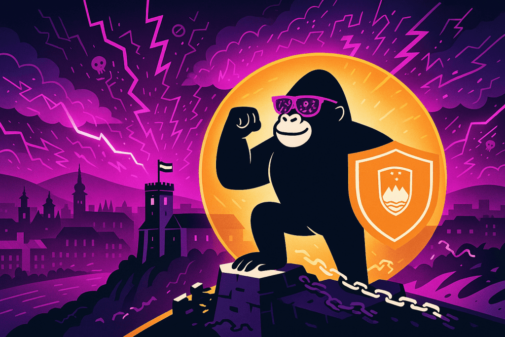 A proud gorilla in front of a glowing sun holds a shield with Slovenia’s emblem, defending the skyline from cyber threats in a stormy purple sky.