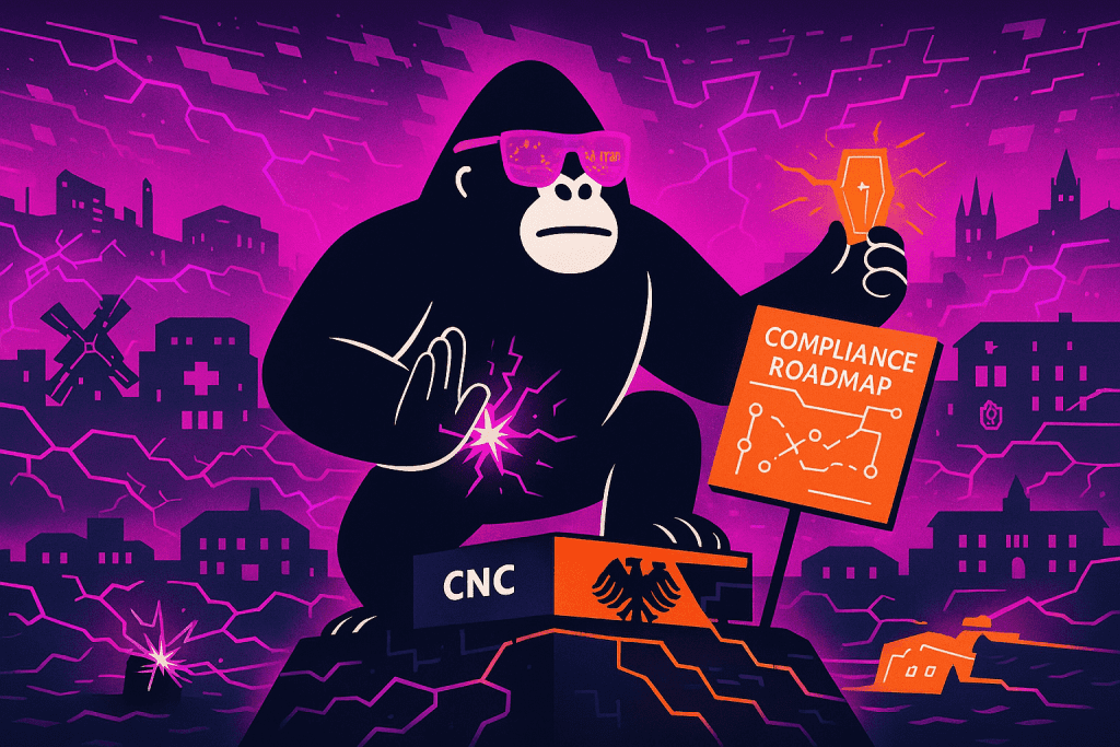 Gorilla wearing pink shades stands on a cracked hill labeled "CNC" with the German eagle, holding a “Compliance Roadmap” sign amid a stormy cityscape.