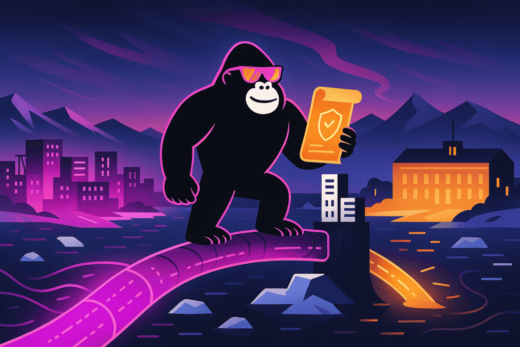 Gorilla holding a cybersecurity scroll stands on a glowing bridge in a Nordic cityscape, symbolizing NIS2 directive implementation in Sweden.