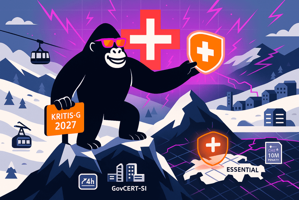 Gorilla on a snowy Swiss mountain holding a shield with a white cross, labeled “KRITIS-G 2027,” symbolizing cybersecurity regulation in Switzerland.