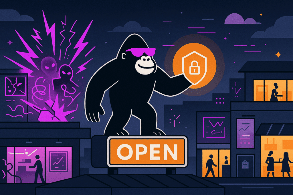 Gorilla in pink sunglasses stands on an “OPEN” sign holding a security shield, protecting a retail district from a chaotic cyberattack erupting nearby.