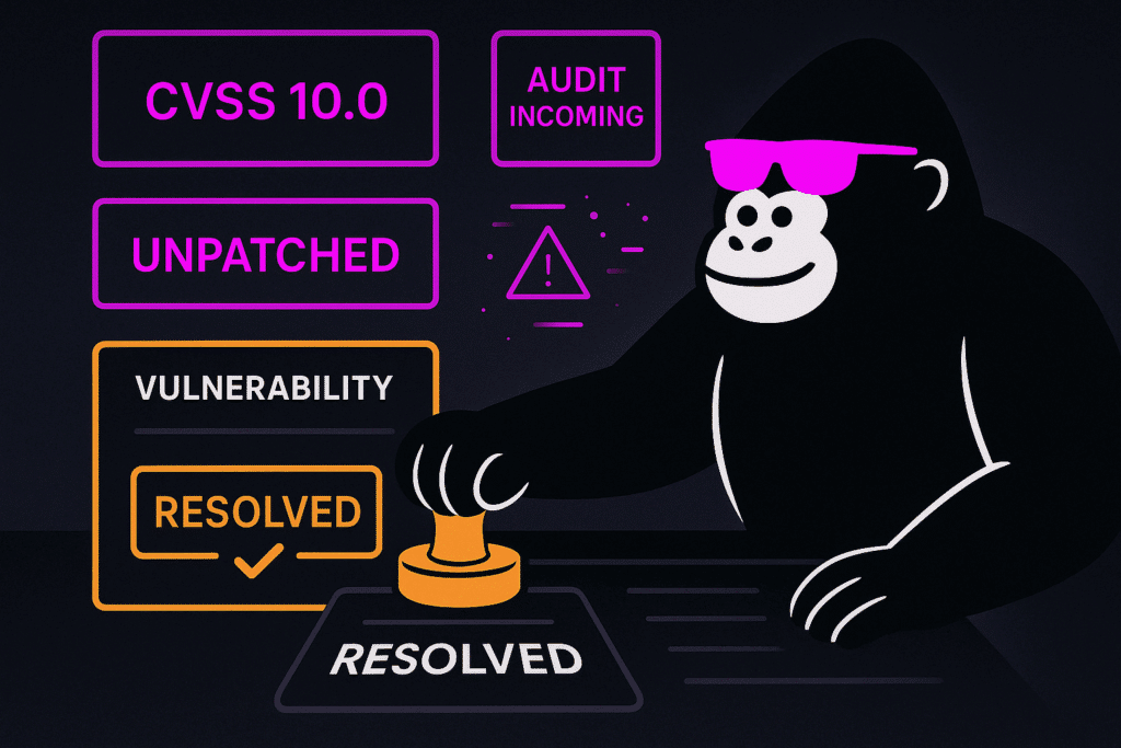 Gorilla in pink sunglasses stamps “RESOLVED” on a vulnerability alert with CVSS 10.0, resolving an unpatched issue ahead of an incoming audit.