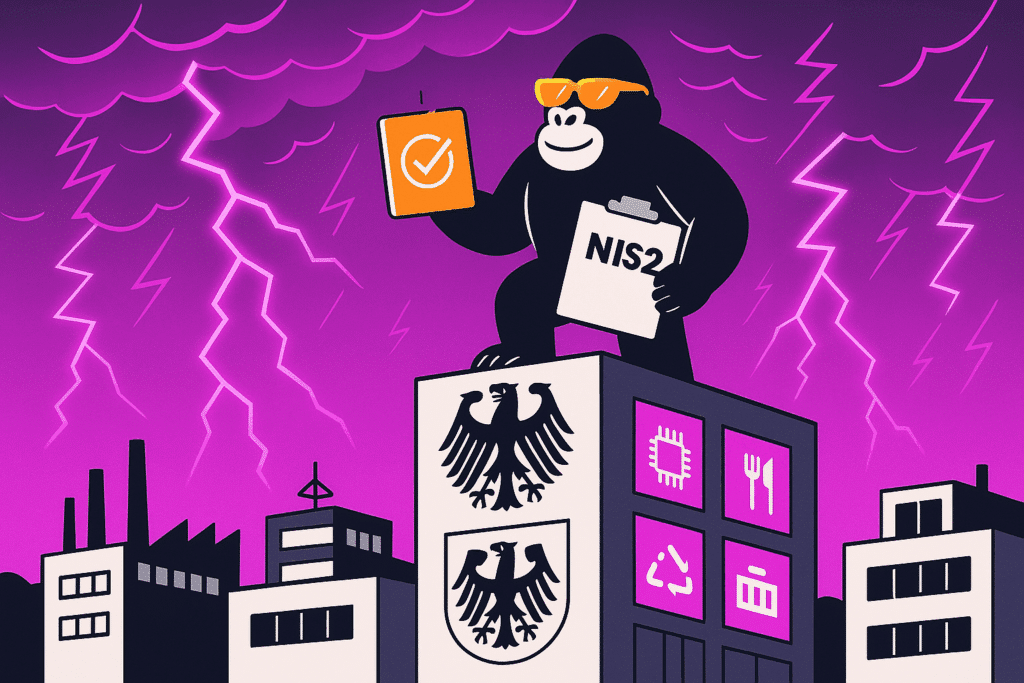 Gorilla in orange sunglasses holds a NIS2 clipboard and a compliance badge atop a German government building, surrounded by lightning and industry icons.