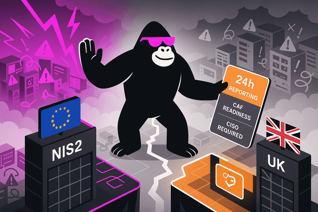 Gorilla in sunglasses stands between EU NIS2 and UK rules, holding a sign with 24h reporting, CAF readiness, and CISO required, amid alert-filled skies.