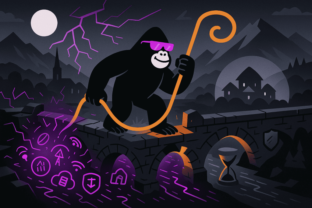 A bold black gorilla wearing purple sunglasses strides confidently across a cracked stone bridge at night, gripping an orange shepherd’s crook in one hand. Beneath the bridge, a purple storm of icons—Wi-Fi symbols, data charts, cloud files, shields, and home outlines—swirls in a chasm of lightning. Ahead on the far shore, a hillside village glows safely within a translucent dome, while jagged mountains and a full moon loom under dark, swirling clouds.