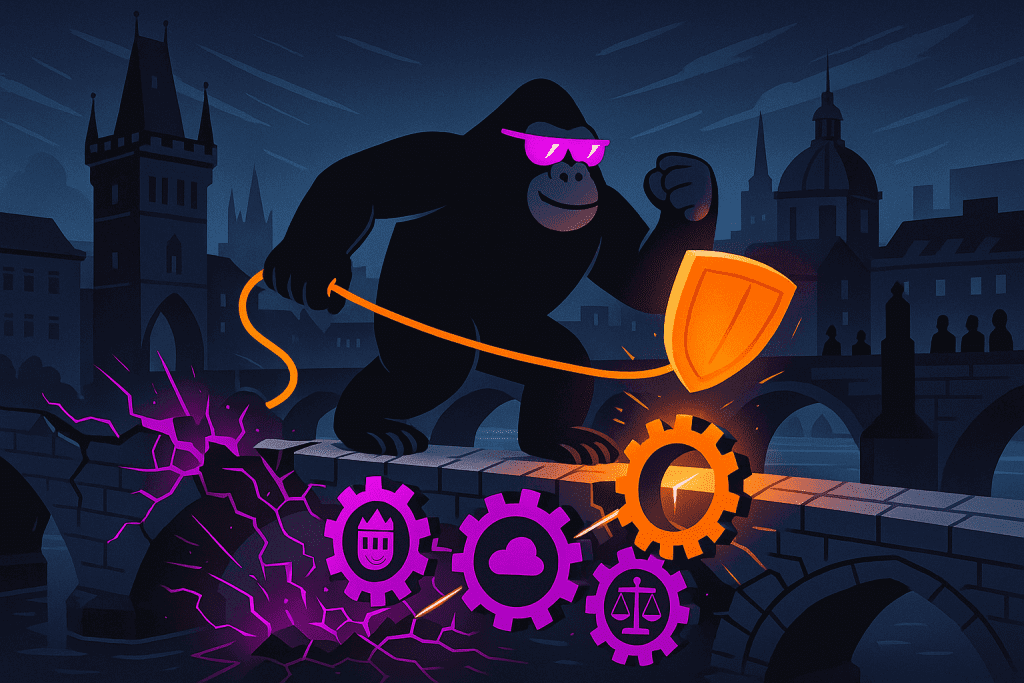 A gorilla with a shield repairs a broken bridge of cogs—cyber, cloud, legal—against magenta threats, symbolizing Czech ISO 27001 implementation.