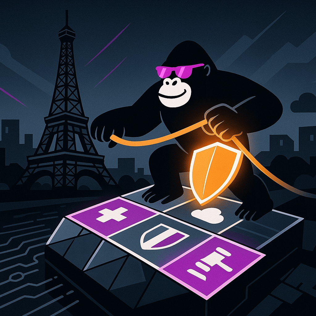 A bold black gorilla wearing purple sunglasses strides across a floating platform of glowing purple tiles—each marked with a white icon (a medical cross, a cloud, a French tricolor shield, and a gavel)—while gripping an orange shield on a trailing rope. In the dusky background, the Eiffel Tower silhouette rises against a dark blue-gray skyline streaked with violet lightning.