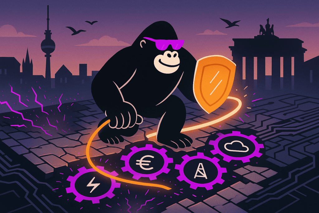 A bold black gorilla wearing purple sunglasses strides confidently across a cobblestone bridge at dusk, holding an orange shield in one hand and a trailing rope in the other. Below its feet, four glowing purple gears—marked with icons for power, euro currency, transmission tower, and cloud—churn amid cracks and purple lightning. The silhouette of Berlin’s skyline, including the TV Tower and Brandenburg Gate, looms in the background against a twilight sky.