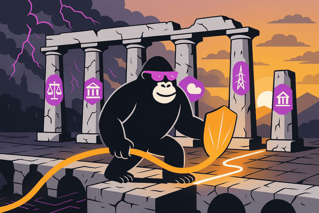 A stylized black gorilla wearing purple sunglasses strides confidently across a cracked stone bridge at night, holding an orange shepherd’s crook in one hand. Below the bridge, a swirling purple storm of security-related icons—Wi-Fi signals, data charts, cloud files, shields, and home outlines—roils amid jagged lightning cracks. On the far bank, a small village of clustered houses sits safely under a translucent protective dome against a backdrop of dark mountains and a full moon beneath swirling clouds.