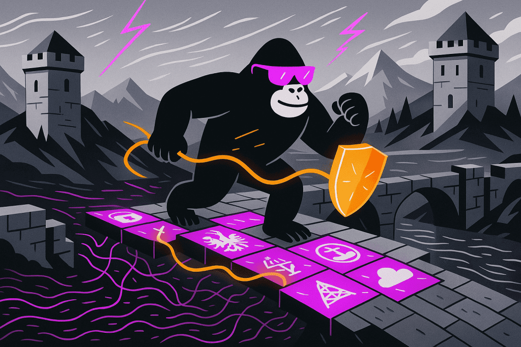 A bold black gorilla wearing purple sunglasses strides across a broken stone bridge composed of glowing purple tiles—each emblazoned with a different emblem (a star in a circle, a heraldic eagle, a stylized crown, an anchor, and a heart). The gorilla grips an orange shield on the end of a trailing rope, as jagged purple lightning cracks the gray sky and two tall, turreted towers stand silhouetted on the distant ridges.