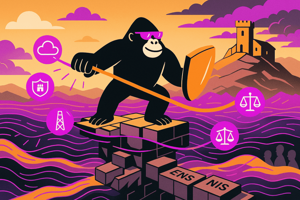 A large black gorilla wearing purple sunglasses and gripping an orange shepherd’s crook strides across a cracked stone bridge at dusk. Beneath its feet, one bridge span collapses over a chasm filled with glowing purple storm clouds and floating security icons (Wi-Fi, data chart, shield, cloud file, home). Ahead on the far bank, a hilltop village glows safely under a translucent dome, while jagged mountains and a full moon hover beneath swirling dark clouds.