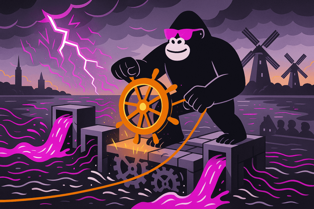 A bold black gorilla wearing purple sunglasses strides across a cracked stone causeway over water, gripping an orange shield on a trailing rope. Below its feet, four glowing purple gears—marked with icons for electricity, euro currency, a transmission tower, and a cloud—spin amid violet lightning and storm clouds, while two traditional Dutch windmills stand silhouetted on the far shore under a brooding purple-gray sky.