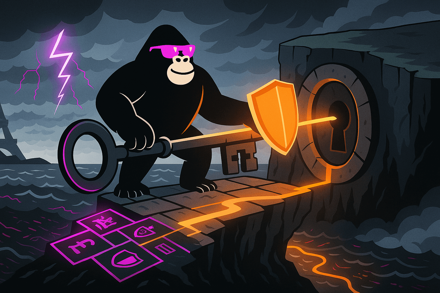 A stylized black gorilla wearing purple sunglasses kneels on a cracked stone causeway at twilight, gripping a giant antique key in one hand and an orange shield on the other. It thrusts the key into a circular keyhole carved into a sheer rock face, sending orange light spilling out onto the walkway. In the dusky background, the Eiffel Tower silhouette rises against dark clouds streaked with purple lightning.