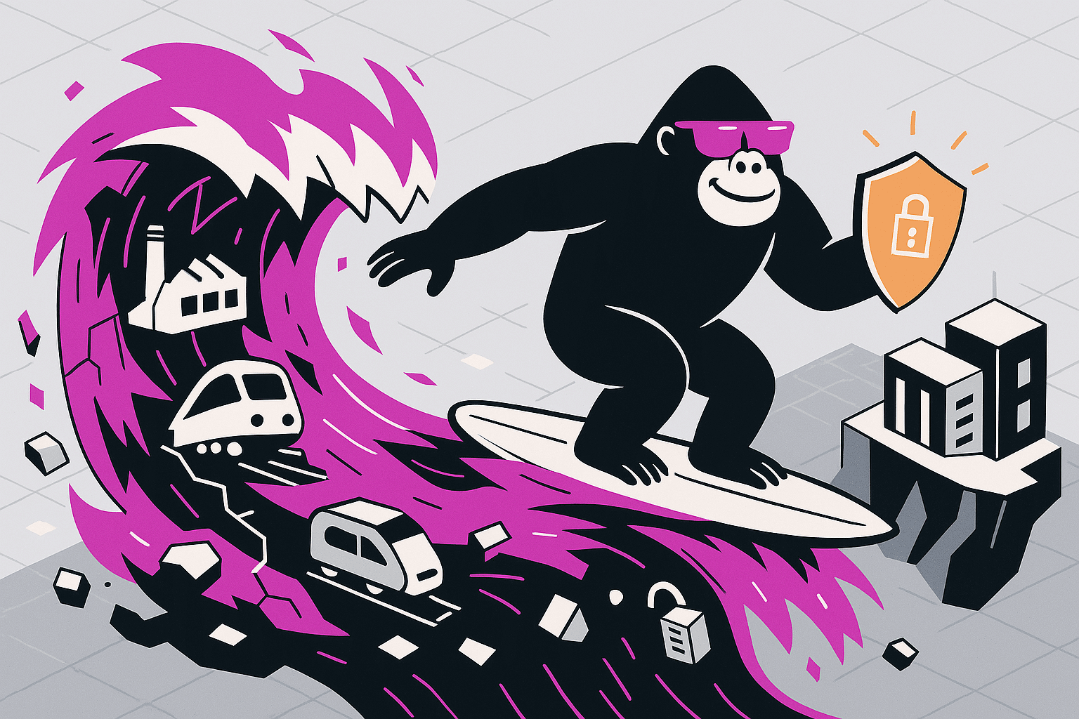 A gorilla surfs a magenta cyberwave of trains, factories, and buses, holding a security shield—symbolizing NIS2 resilience for critical infrastructure.