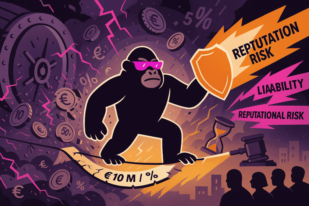 A gorilla balances on a cracked €10M tightrope, shielding against blasts labeled “Reputation Risk” and “Liability” amid financial storm chaos.