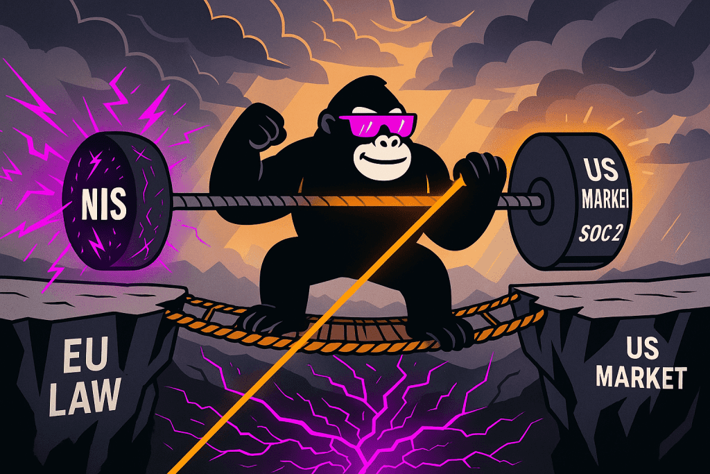 A gorilla balances on a rope bridge between “EU Law” and “US Market,” lifting a barbell labeled “NIS” and “SOC 2,” symbolizing regulatory tension.
