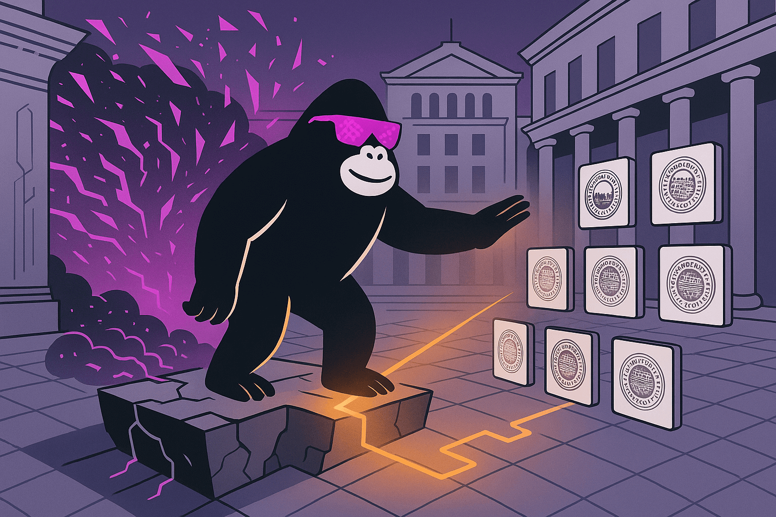 Stylized black ape in pink sunglasses stands on cracked stone, emitting an orange beam toward nine floating seal-emblazoned tiles, with purple smoke swirling behind.