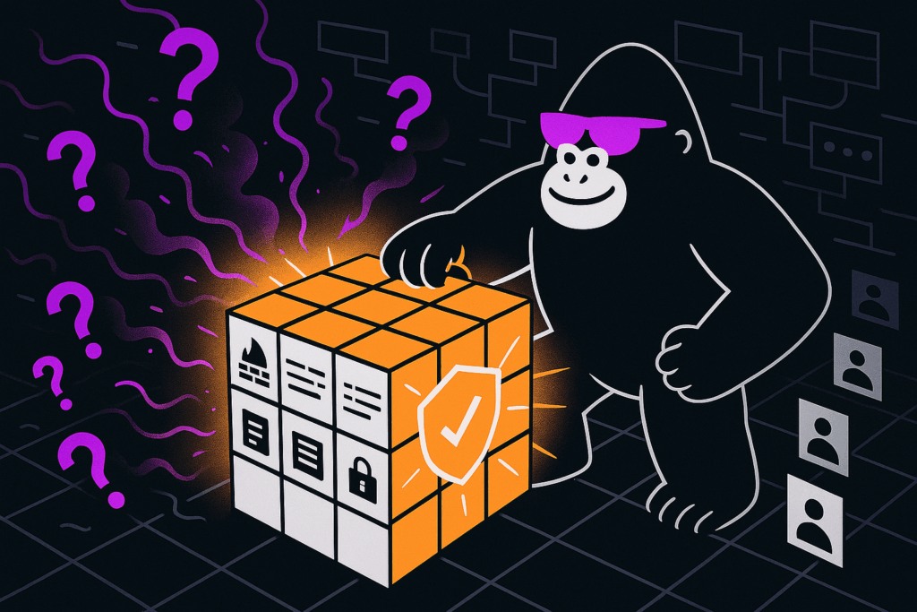 Gorilla in pink sunglasses puzzling over an orange-and-white cube of security icons, with glowing edges and floating purple question marks