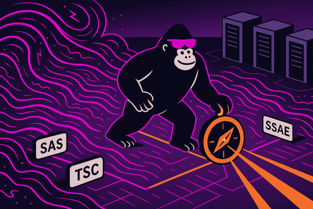 Gorilla in pink sunglasses navigating neon purple data waves with an orange compass, flanked by SAS, TSC, and SSAE labels beside server racks