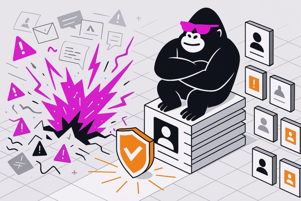 Illustration of a gorilla with sunglasses sitting atop stacked user profile cards guarded by a shield, as warning icons and a pink explosion burst nearby