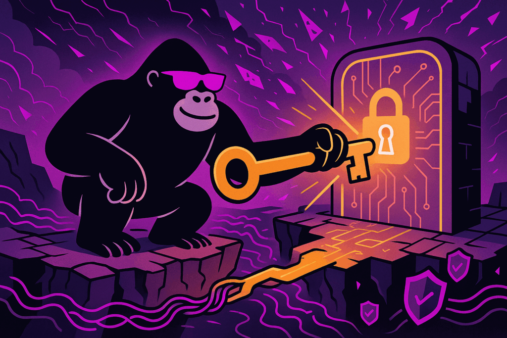 Gorilla in pink sunglasses holding an orange safety net to catch glowing pink shards falling from stormy clouds over a dark building