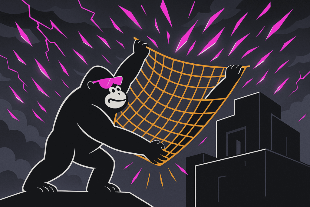 Gorilla in pink sunglasses holding an orange safety net to catch glowing pink shards raining down from stormy clouds above a dark building