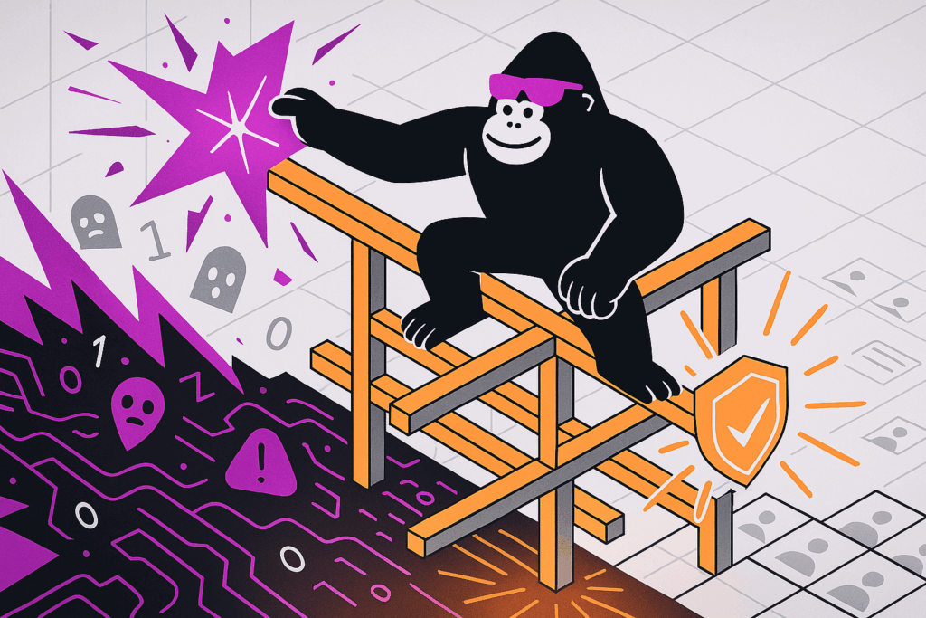 Gorilla in pink sunglasses balancing on an orange scaffold over swirling purple data chaos, reaching for a glowing star as a shield glows at the scaffold’s far end