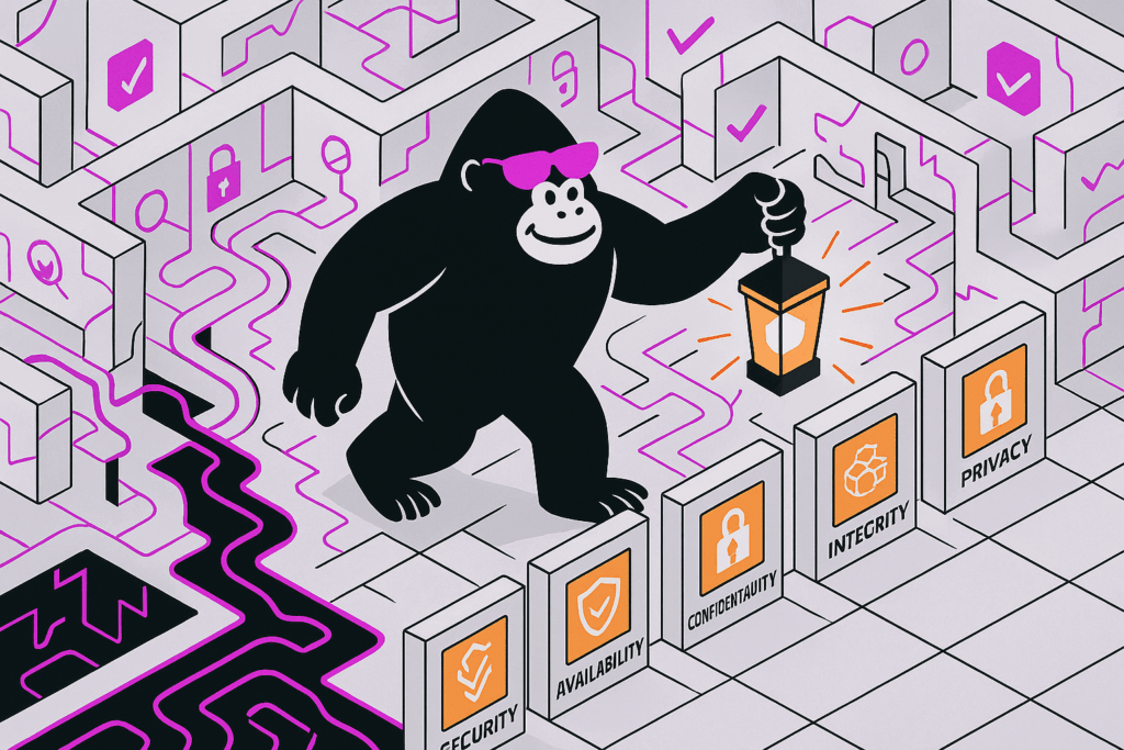 Illustration of a gorilla in pink sunglasses exploring a maze of walls labeled Security, Availability, Confidentiality, Integrity, and Privacy, holding a glowing lantern