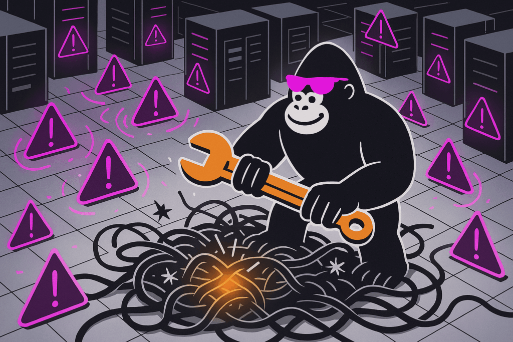 Gorilla in pink sunglasses wielding a giant orange wrench, untangling glowing cables amid purple warning triangles in a grid of server racks