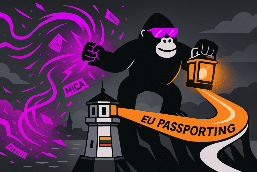 Gorilla in pink sunglasses holds a lantern, taming purple MiCA storms, lighting an orange “EU Passporting” ribbon from a lighthouse.