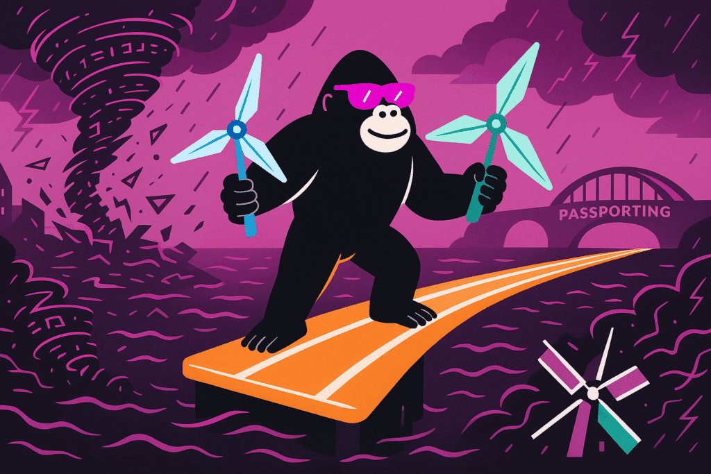 Gorilla in pink sunglasses stands on an orange path over purple stormy waters, holding two wind turbine models toward a “Passporting” bridge under dark skies.