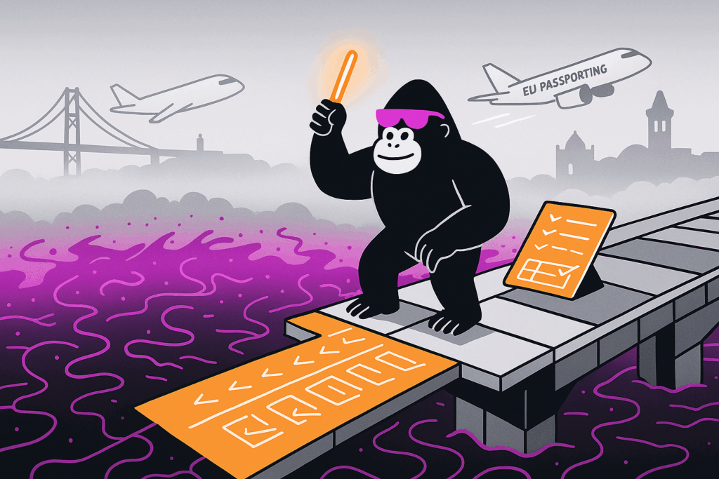 Gorilla in pink sunglasses stands on a pier holding a glowing baton, extending an orange checklist deck over purple waters toward an “EU passporting” plane.