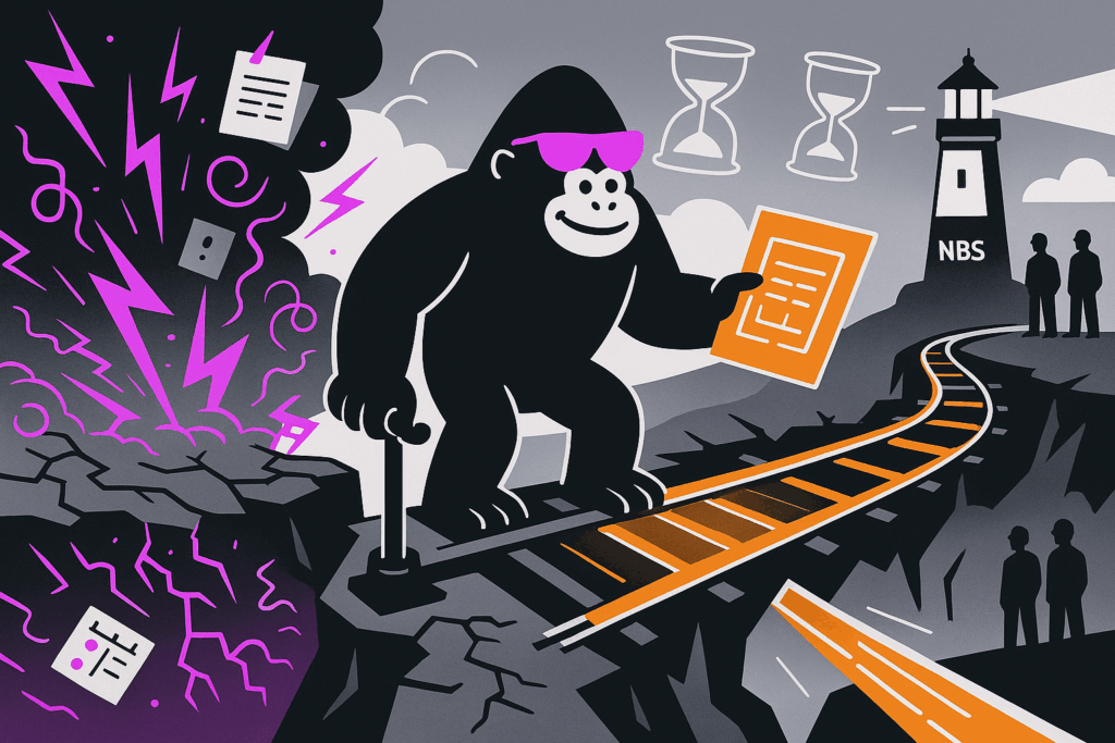 Gorilla in pink sunglasses pulls a lever to extend orange train tracks across a chasm toward an NBS lighthouse while lightning and papers swirl behind.