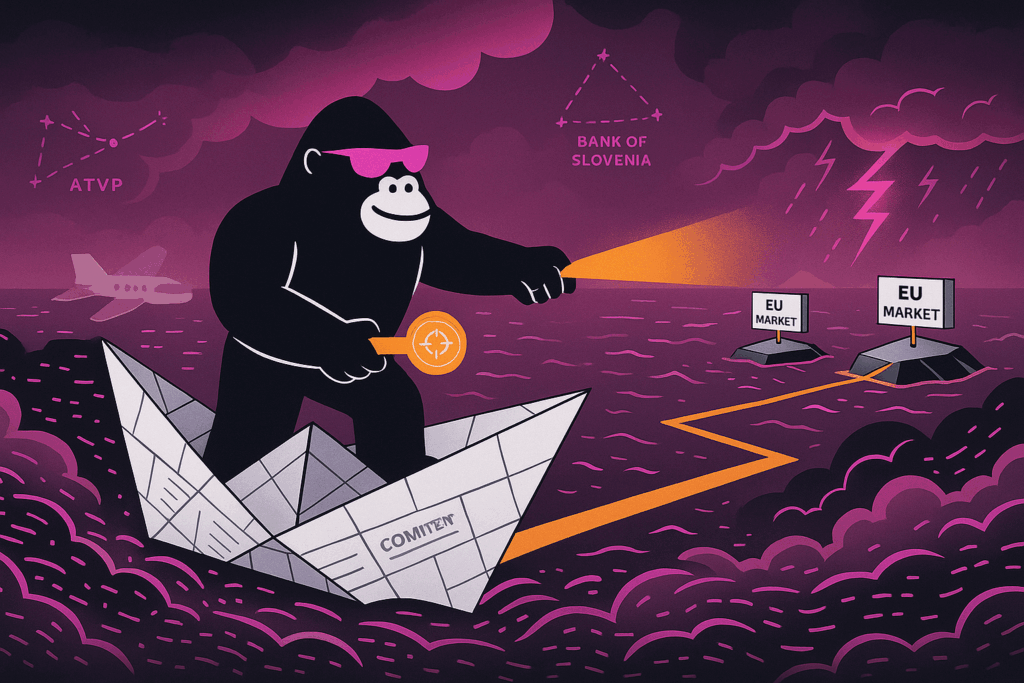 Cartoon gorilla in sunglasses steers a paper boat labeled COMITEN through stormy purple seas, shining a flashlight toward distant EU Market signs.