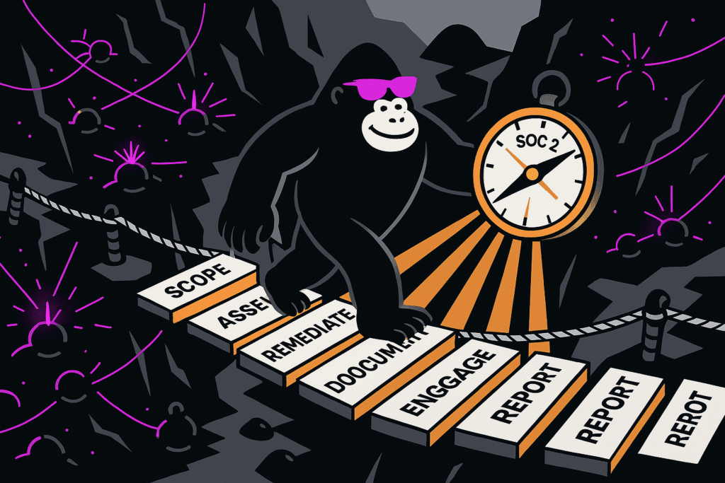 Gorilla walks on SOC 2 compliance path steps—Scope, Assess, Remediate, Document, Engage, Report—guided by a clock in a dark cave.