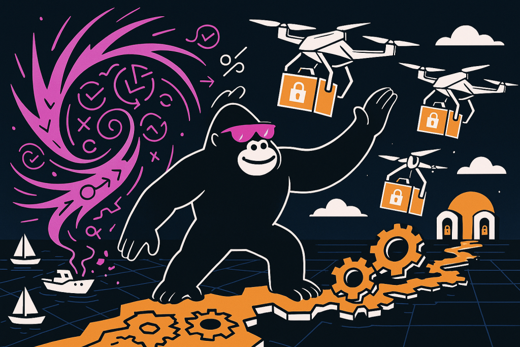 Giant cartoon gorilla in purple shades directs drones carrying locked boxes over gears and water, with swirling symbols and boats nearby.