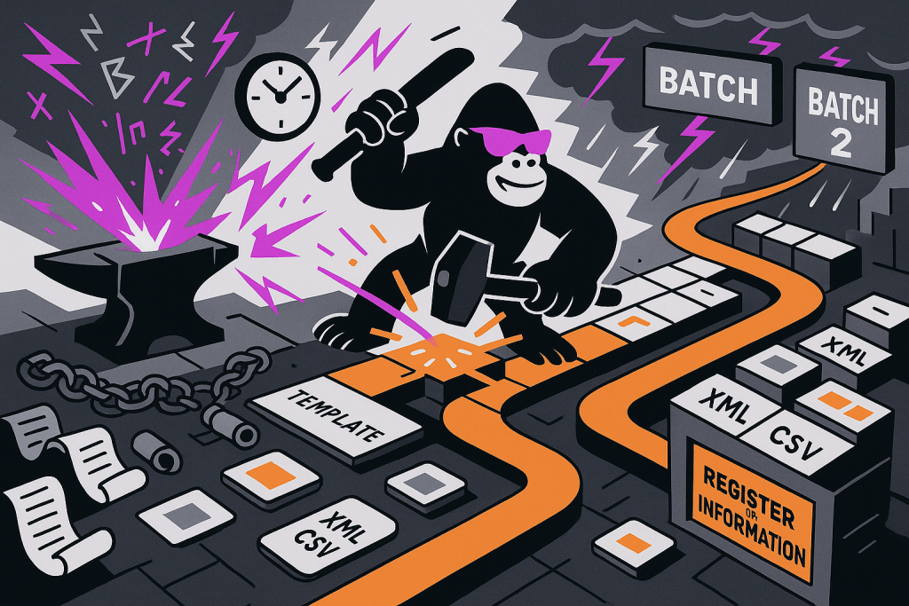 Cartoon gorilla in purple shades forges templates on an anvil with hammers, shaping XML and CSV files into organized data batches.