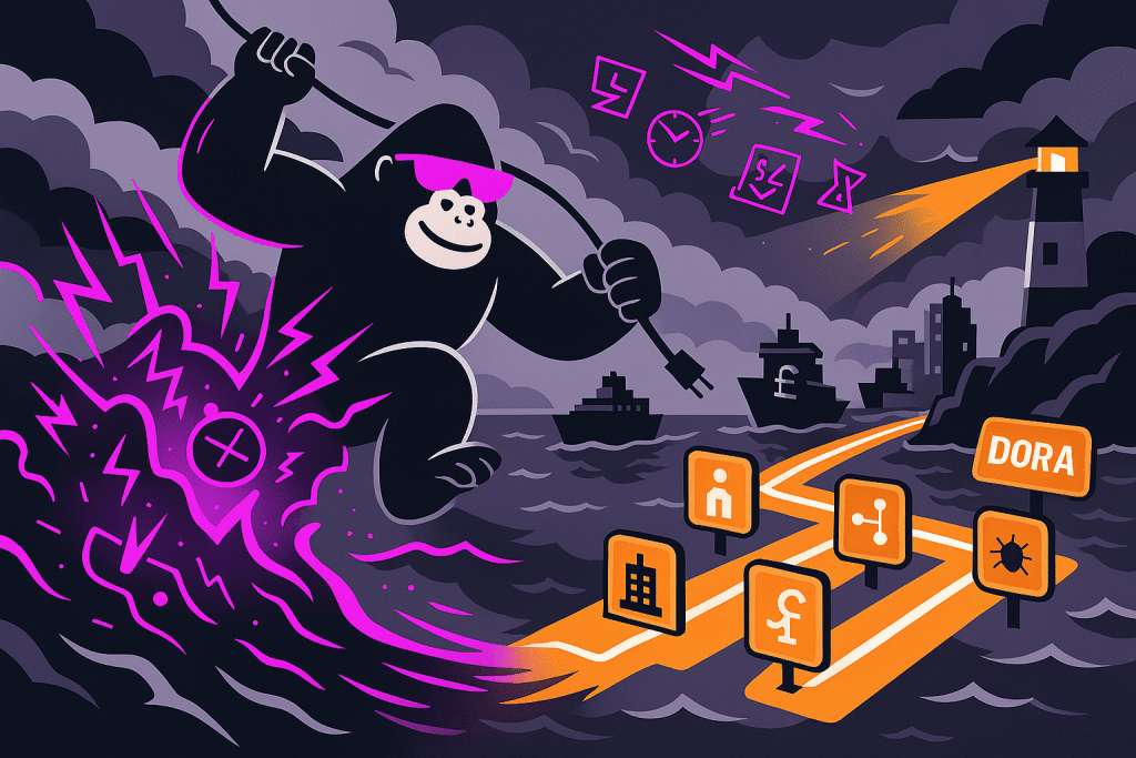 Cartoon gorilla in purple shades swings over stormy seas with a power plug, following a glowing path toward a lighthouse and a DORA sign.