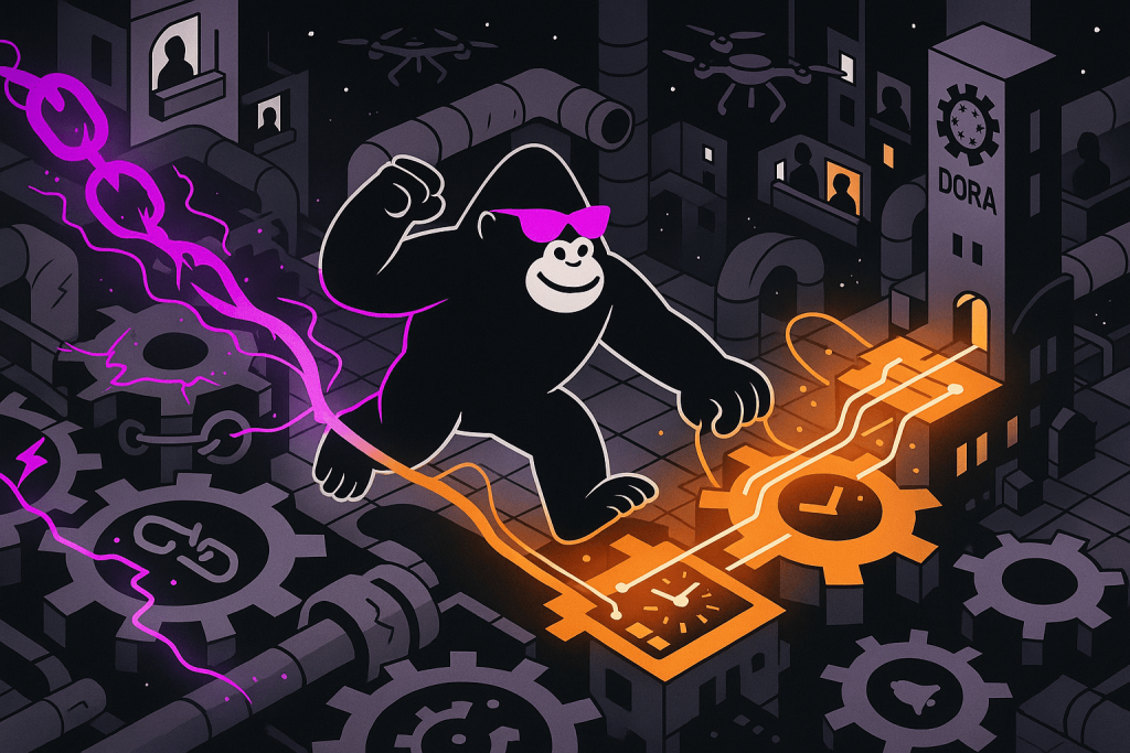 Cartoon gorilla in purple shades strides along glowing gears and wires in an industrial city, heading toward a building labeled “DORA.”