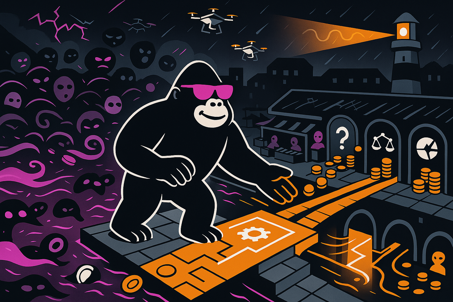 Giant cartoon gorilla in purple shades extends a hand toward a coin-filled marketplace under drones and a lighthouse, facing a storm of dark faces.