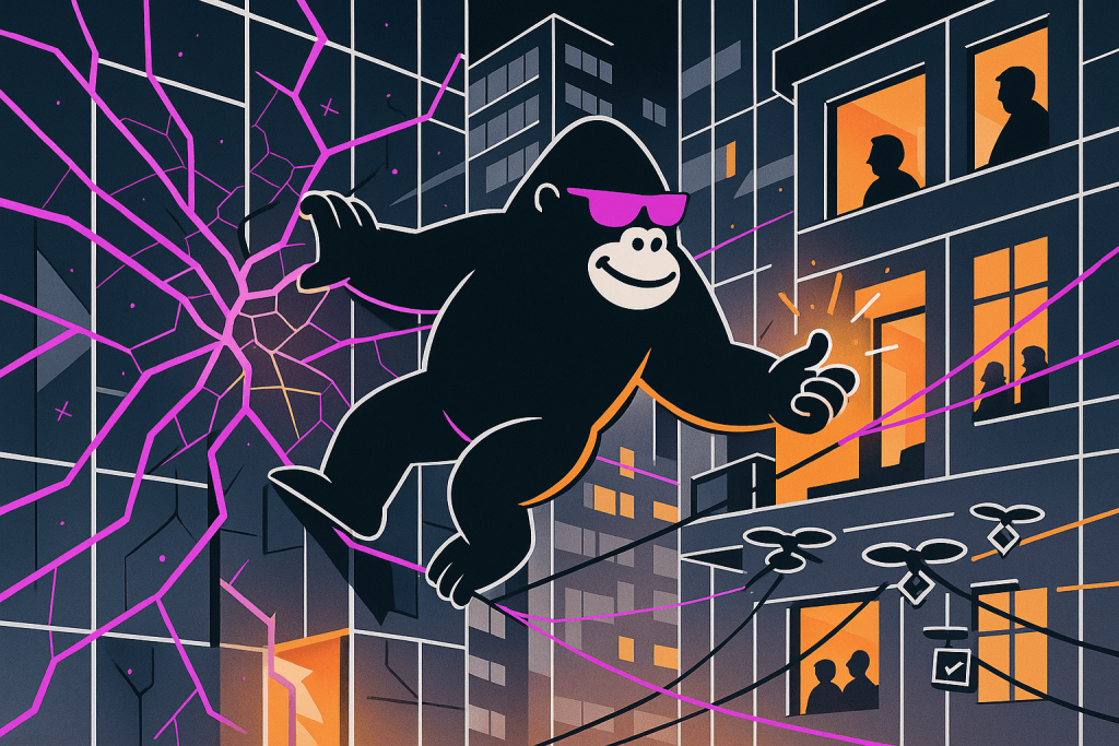 Cartoon gorilla in purple shades breaks through a glass wall in a cityscape, with drones and people watching from nearby buildings.