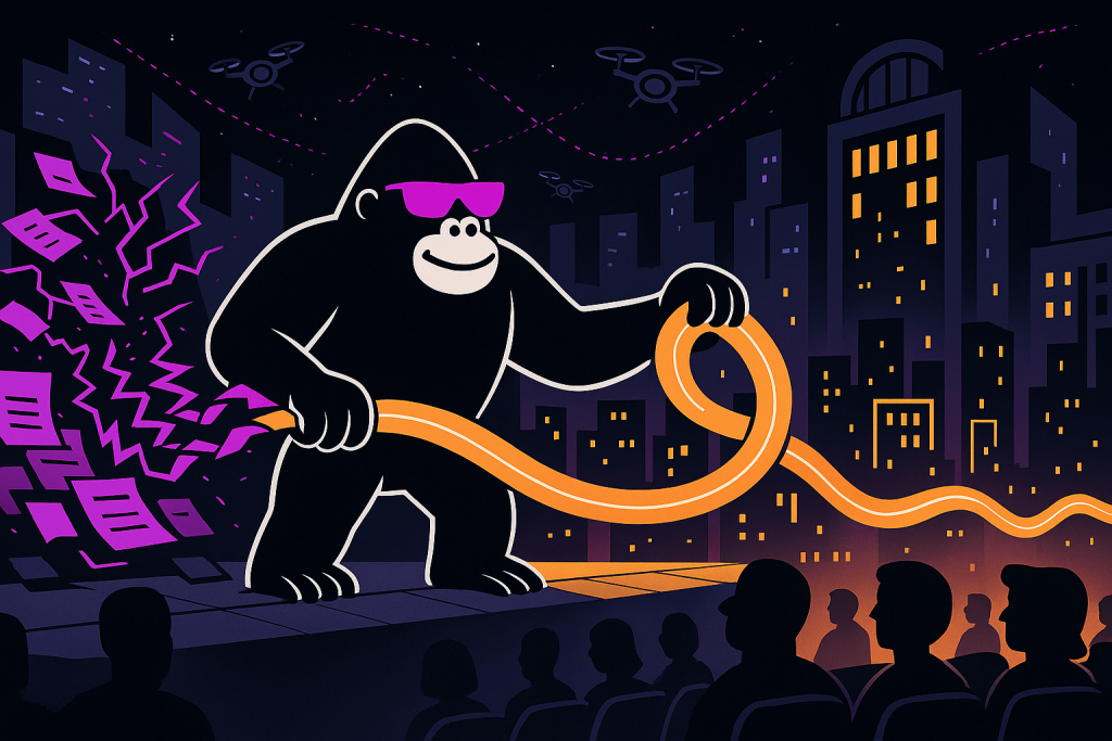 Cartoon gorilla in purple shades wrangles a glowing cable onstage before an audience, with a night city skyline, drones, and flying papers.