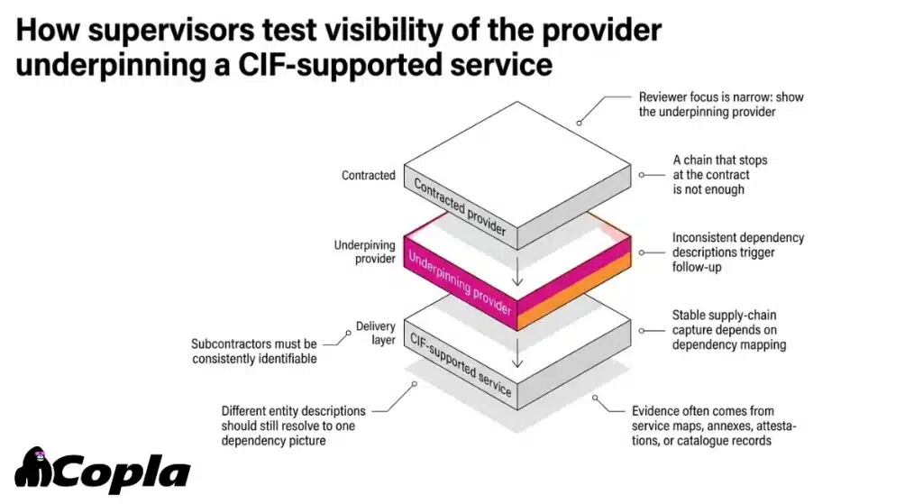 Infographic showing a contracted provider, underpinning provider, and CIF-supported service, with notes explaining that review fails when the register stops at the contracted provider