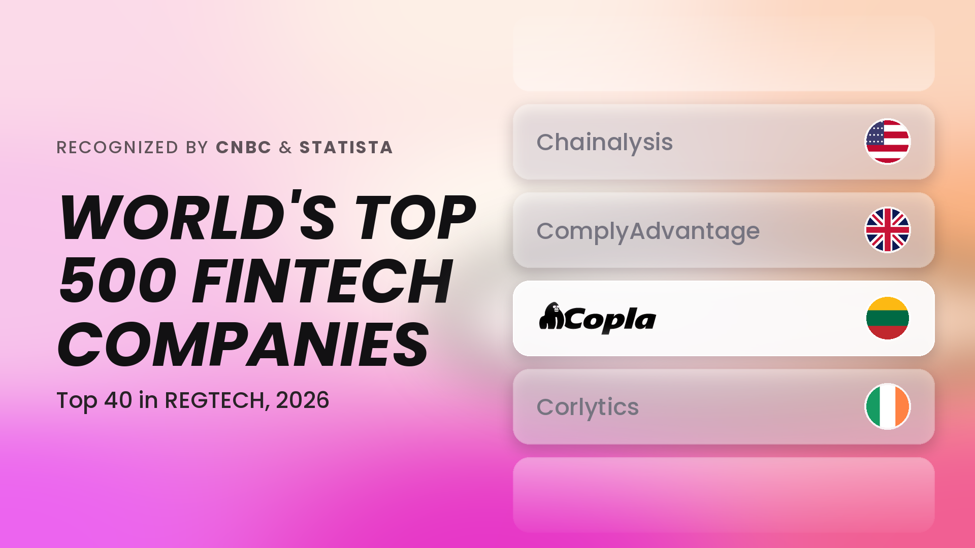 Copla named to CNBC and Statista's World's Top 500 Fintech Companies list, Top 40 in Regtech 2026 — shown alongside Chainalysis, ComplyAdvantage, and Corlytics.