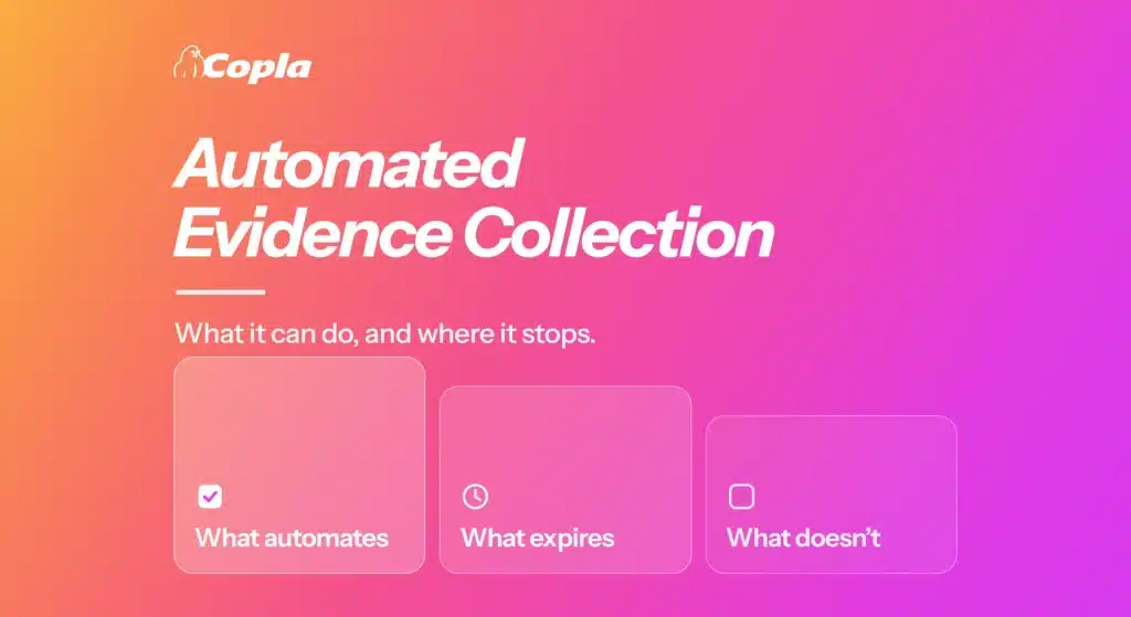 Featured image for "Automated Evidence Collection: What It Can and Cannot Do." Headline: Automated Evidence Collection, what it can do, and where it stops. Three labelled panels: What automates, shown checked. What expires, marked with a clock. What doesn't, left unchecked.