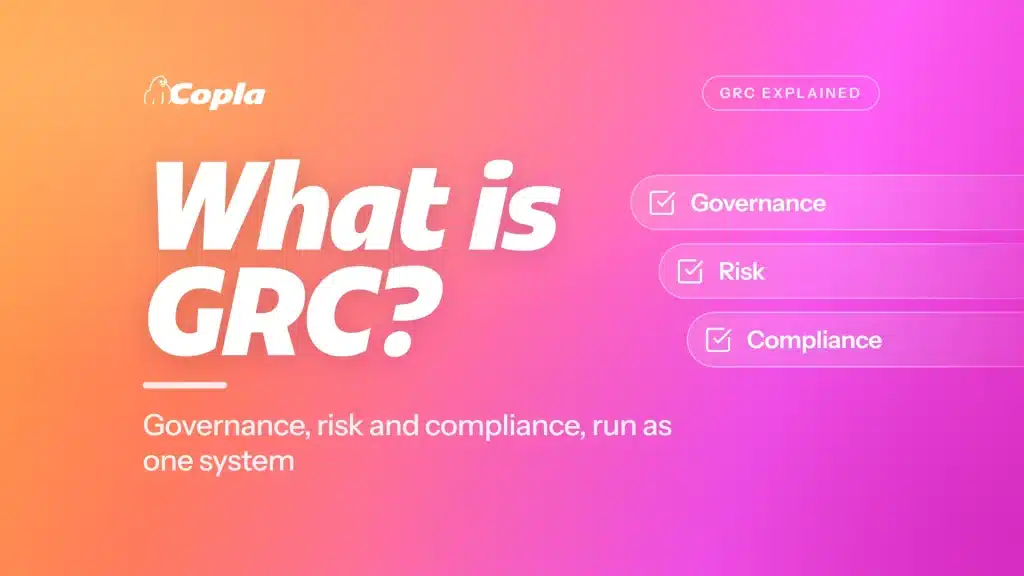Featured image for "What is GRC?", showing the title, the subheading "Governance, risk and compliance, run as one system," and the label "GRC explained," with the Copla logo and Copla's gorilla mascot wearing sunglasses, on an orange-to-magenta gradient background.
