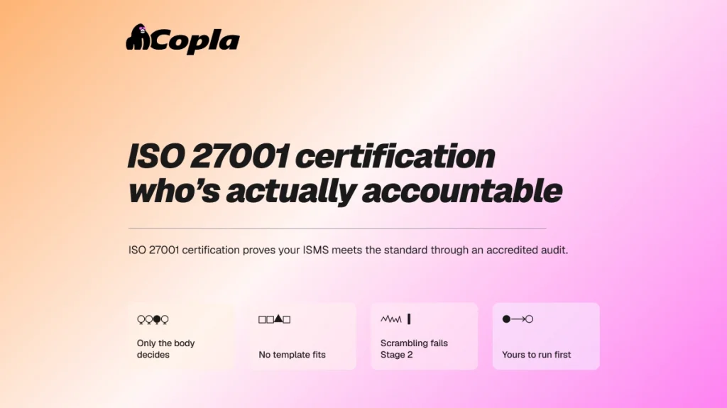 Featured image for Copla's ISO 27001 certification guide, headlined 'ISO 27001 certification: who's actually accountable.'